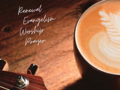 The words Renewal, Evangelism, Worship, Prayer alongside a guitar headstock and cup of coffee